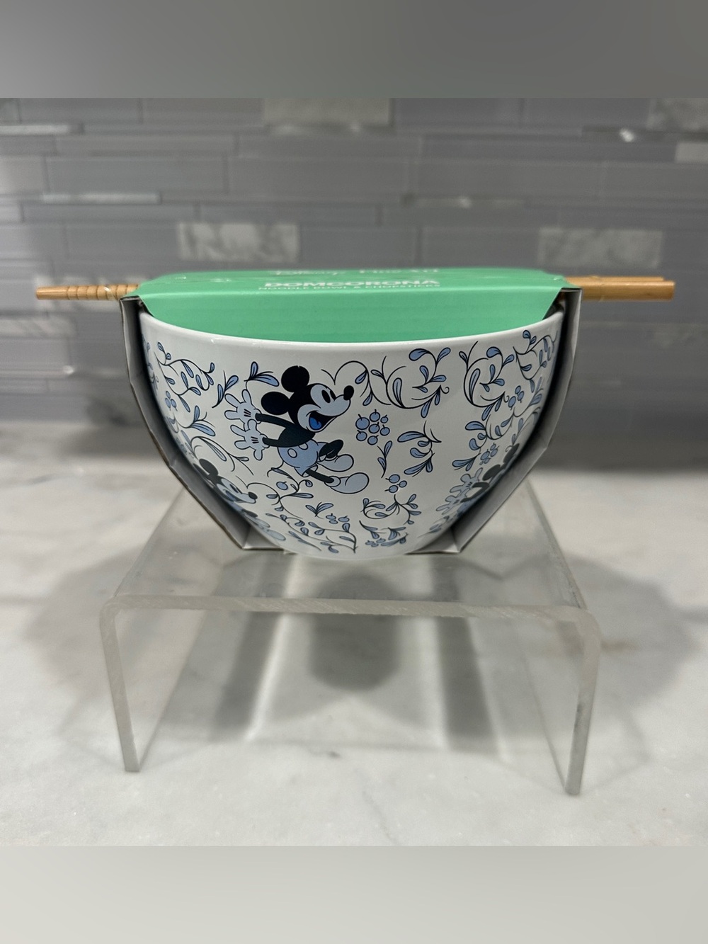 Disney Mickey Mouse Blue Floral Ceramic Noodle Bowl with Chopsticks Set NIB